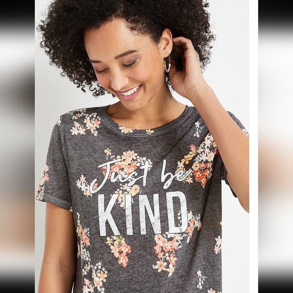 Maurices Women's Gray Sheer "Just Be Kind" Floral Graphic T-Shirt Size Small EUC - Picture 1 of 9